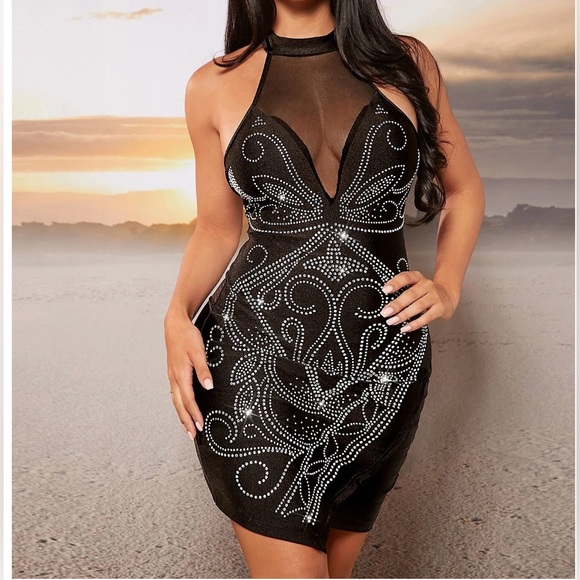 Rhinestone Halter Neck Backless Body Con Dress - Picture 5 of 7